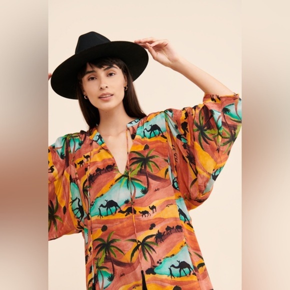 Chufy Anthropologie Made in India Orange Camel Desert Oasis Kaftan Maxi Dress - Picture 6 of 16